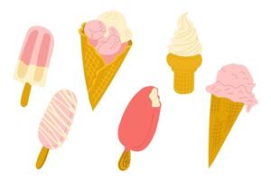 Colorful set of various ice cream cones and popsicles in flat style. Concept conveys summer refreshment, sweetness and playful dessert variety vector