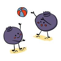 Two playful blueberry characters tossing a beach ball on sand in kawaii style. Concept expresses summer fun, friendship and joyful outdoor activity vector