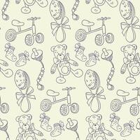 Seamless baby pattern with teddy bears, tricycles, pacifiers, socks and brushes in doodle style. Concept represents childhood sweetness, care and early development accessories vector