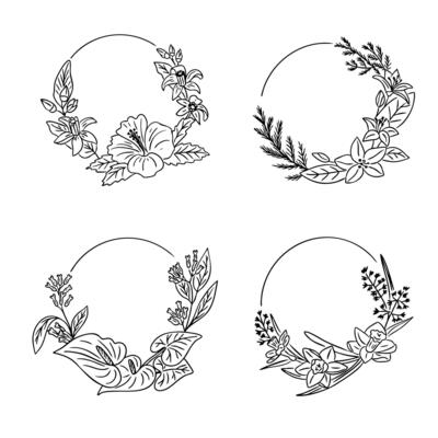 Set of four floral wreath frames with various hand-drawn flowers and leaves. Concept expresses botanical elegance, natural beauty and versatile decorative design
