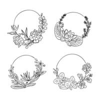 Collection of four circular floral wreaths featuring various blossoms and leaves in hand-drawn line art. Concept represents natural elegance, botanical harmony and decorative frame design vector