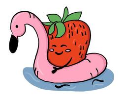 Cute strawberry character relaxing on a pink flamingo float in water. Concept represents summer fun, fruity leisure and tropical vacation vibes vector