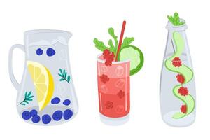 Refreshing drinks in various glassware with fruits, berries, herbs and ice, hand drawn style. Concept reflects summer hydration, healthy lifestyle and homemade beverages vector