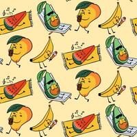 Seamless pattern of kawaii fruits enjoying summer activities like relaxing, reading and eating ice cream. Concept expresses tropical fun, relaxation and cheerful vacation vibes vector