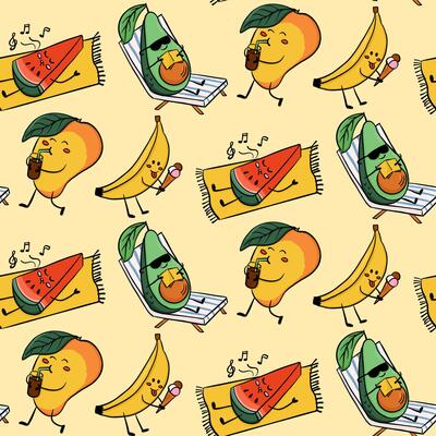 Seamless pattern of kawaii fruits enjoying summer activities like relaxing, reading and eating ice cream. Concept expresses tropical fun, relaxation and cheerful vacation vibes