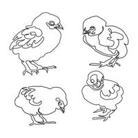 Single continuous line drawing set of chicks. Cute little chickens. One line design illustration. One line design illustration vector