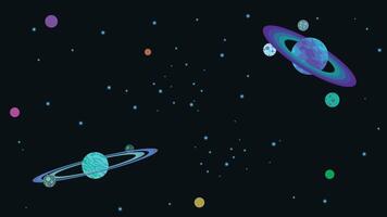 illustration of outer space with objects on the planet with its rings vector