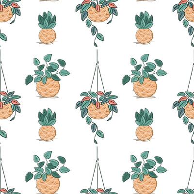 Seamless pattern with minimalist botanical illustration of DIY kokedama. Perfect for decor, nature, and eco-home visuals