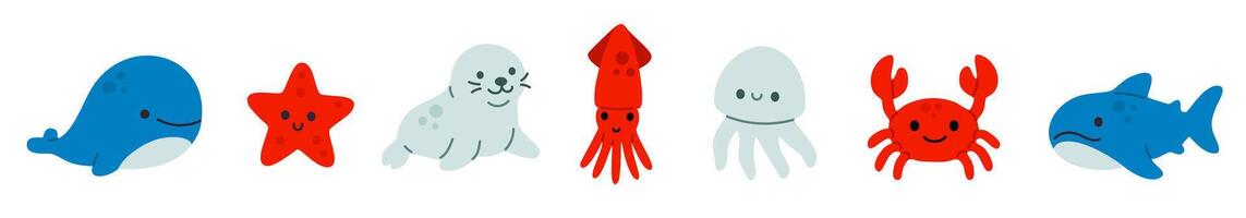 Playful marine animals horizontal lineup featuring smiling ocean creatures like whale, squid, crab, and more vector
