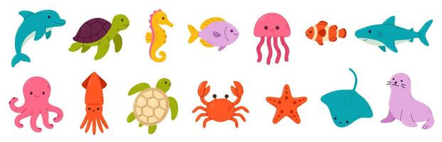 Set of colorful ocean animals including dolphin, turtle, seahorse, jellyfish, shark, clownfish, crab, starfish, octopus and others vector