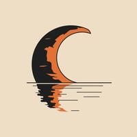 Black and orange crescent moon with reflection on water logo design vector