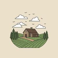 Logo design of a farmhouse in the countryside with trees and clouds vector