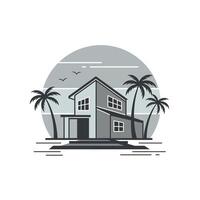 House with palm trees and a beach logo design vector