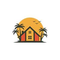 Logo design of a house with palm trees and sun on the background vector