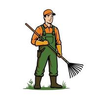 Logo design of a gardener with a rake in his hand vector