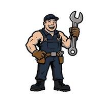 Man in overalls holding a wrench logo design vector