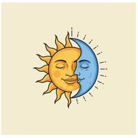 Sun and the crescent moon smiling logo design vector