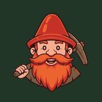 Cartoon gnome with a red beard and a pickaxe logo design vector