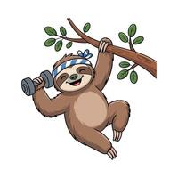 Cute cartoon sloth exercising with dumbbells on a tree branch, Flat Cartoon Style. vector