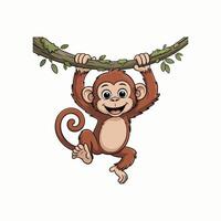 Cartoon Monkey Swinging from a Branch, Happy Cartoon Monkey Hanging vector