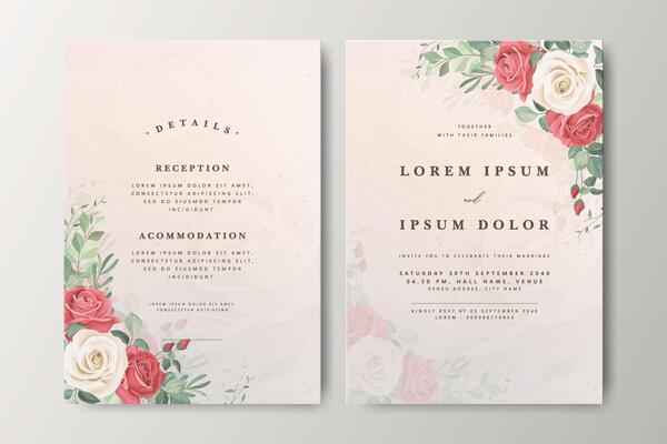 Beautiful wedding invitation card set with floral wreath decoration and creamy color background