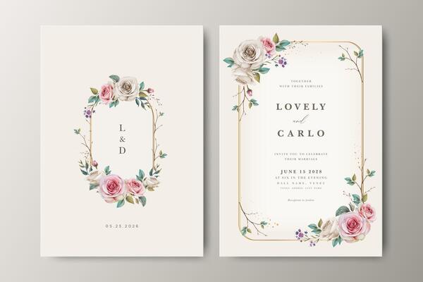 Beautiful wedding invitation card with floral and golden line design