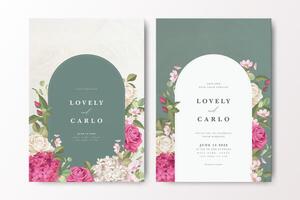 Beautiful wedding invitation card with red floral partition and greenery background vector