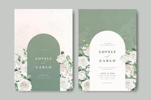Beautiful wedding invitation card with white roses flower partition and greenery background vector