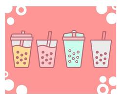 Four bubble tea drinks in different cups with tapioca boba pearls and straws, on a pink background with white bubble accents. Cute and minimalistic design. vector