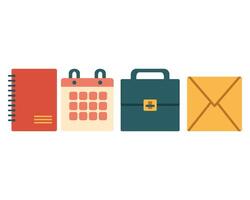 Office and school supplies including a red spiral notebook, pink pastel calendar, blue briefcase, and a closed yellow envelope, all neatly aligned. vector