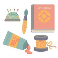 DIY and craft hobbies objects - sewing pin cushion, paintbrush, pattern book, paint tube, and thread spool. Perfect for creative projects and handmade themes. vector