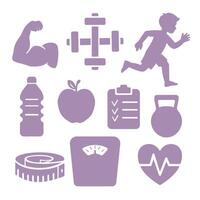 Icon set related to a healthy lifestyle and fitness. Muscular arm flexing, running person, apple, heart with pulse line, water bottle, scale, kettlebell, to-do list, body tape measure, dumbbells. vector