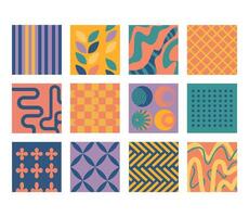 Collection of 12 seamless unique geometric square patterns. Bright colorful abstract designs suitable for textiles, backgrounds, packaging, and web use. vector