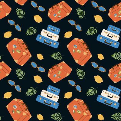 Colorful summer vacation travel stickers pattern with suitcases and sunglasses