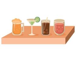 Four different cocktails placed on a wooden table. A beer mug, a martini glass with lime, a whiskey glass with cola and ice, and a pink cocktail. vector