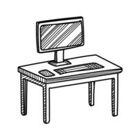 doodle of a computer desk with monitor and keyboard. Hand-drawn in sulfur white on a white background. Minimalist line art illustration. vector