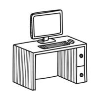 doodle of a computer desk with monitor and keyboard. Hand-drawn in sulfur white on a white background. vector