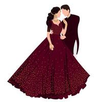indian couple illustration wearing red maxi with dancing pose for sangeet function vector