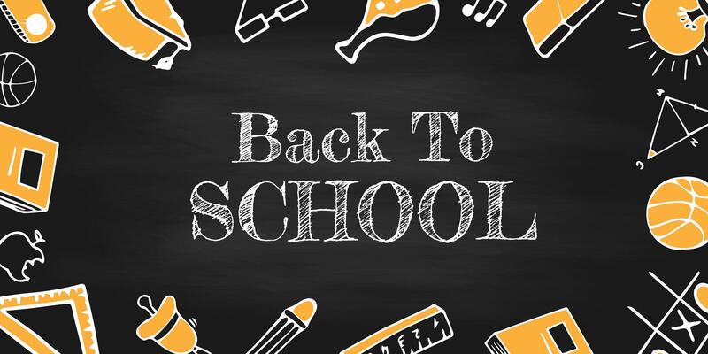 Back to School Chalk Blackboard or Black Chalkboard, Doodle Icons, Hand Drawn Lettering. Template School Background, Education Ink Accessories and Copyspace. Banner Template School Supplies Frame.