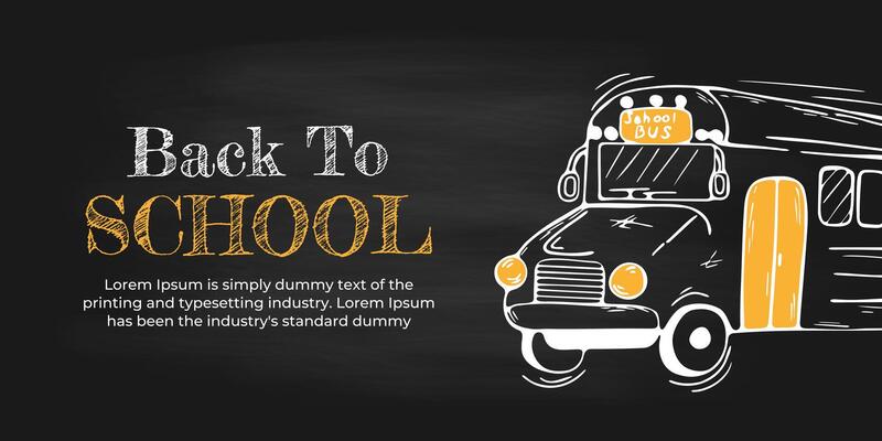 Back to School Banner or Background with Hand drawn Doodle School Bus and Lettering on Black Chalk Blackboard or Chalkboard with Dirty Chalk Texture. Template School Background, Education Ink Icons.