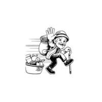 A black and white drawing of a man with a bag and walking vector