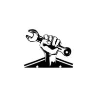 A hand holding a wrench in front of an american flag vector