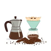 moka pot and pour over coffee maker brewing methods with coffee beans and grounds vector