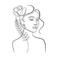 Elegant abstract one line drawing of a woman with floral element and minimalist aesthetic. vector