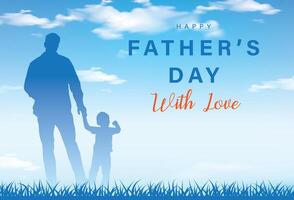 father's day with silhouette of dad and son on the memory of childhood with blue banner template backgroun vector