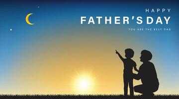 father's day with silhouette of dad and son on the memory of childhood with blue banner template background vector