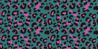 Seamless pattern inspired by leopard print with a modern twist. Features black spots on a turquoise background with pink accents. Perfect for fashion, textiles, bold design vector