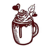 Outline illustration set of a chocolate beverage drink with whipped cream and cinnamon in a tall glass mug. Hand-drawn clipart in doodle style. vector