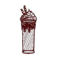 Outline illustration set of a chocolate beverage drink with whipped cream and cinnamon in a tall glass mug. vector