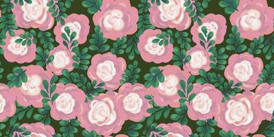 Seamless floral pattern with artistic roses and leaves on a deep green background. Hand painted brushstroke style, perfect for textiles, packaging, wallpapers, and feminine branding projects vector
